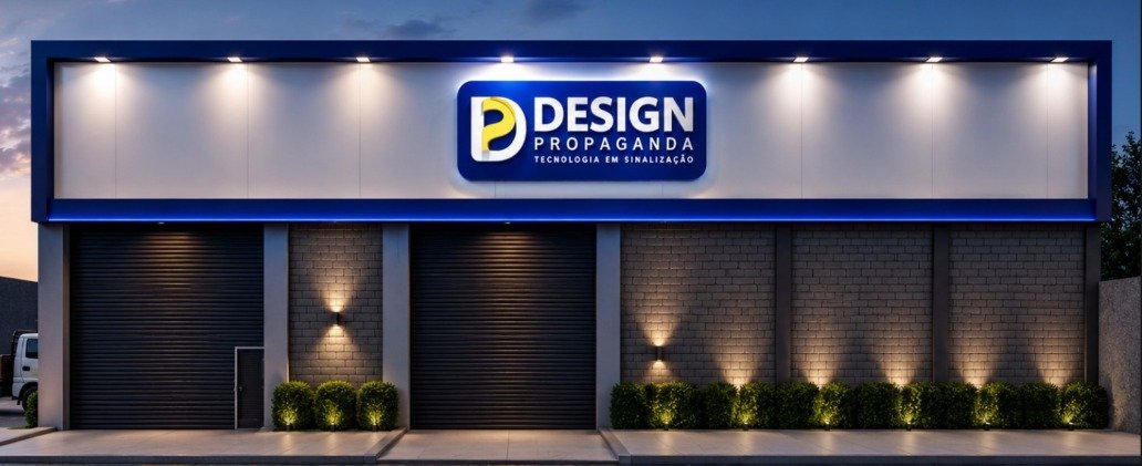 Fachada da Design Propaganda com letreiro iluminado