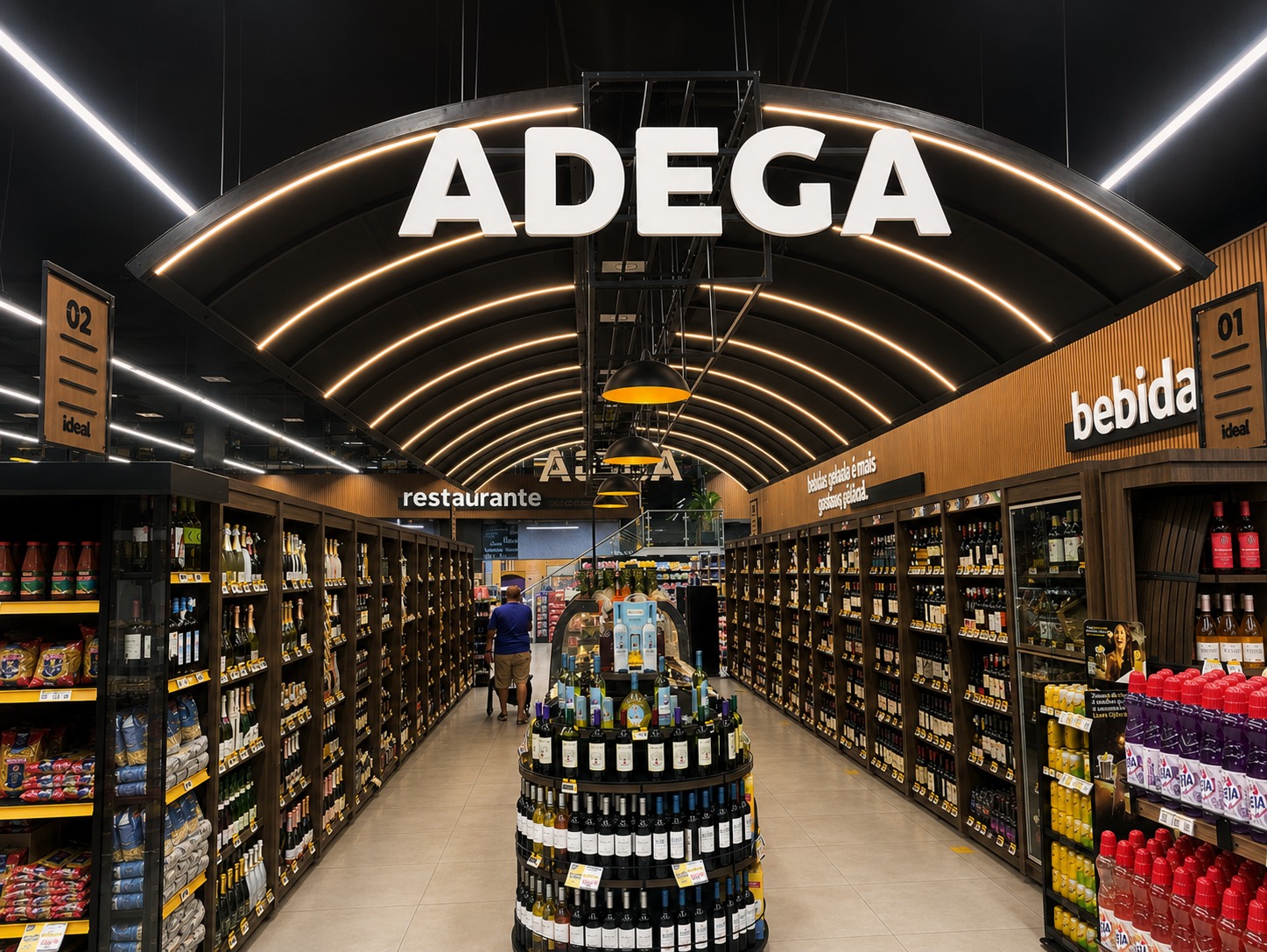 Sinalização iluminada da adega em supermercado